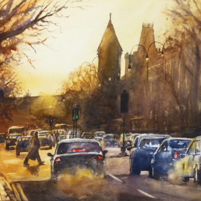 A watercolour painting of the south end of Lord Street, Southport in the glow of afternoon light.