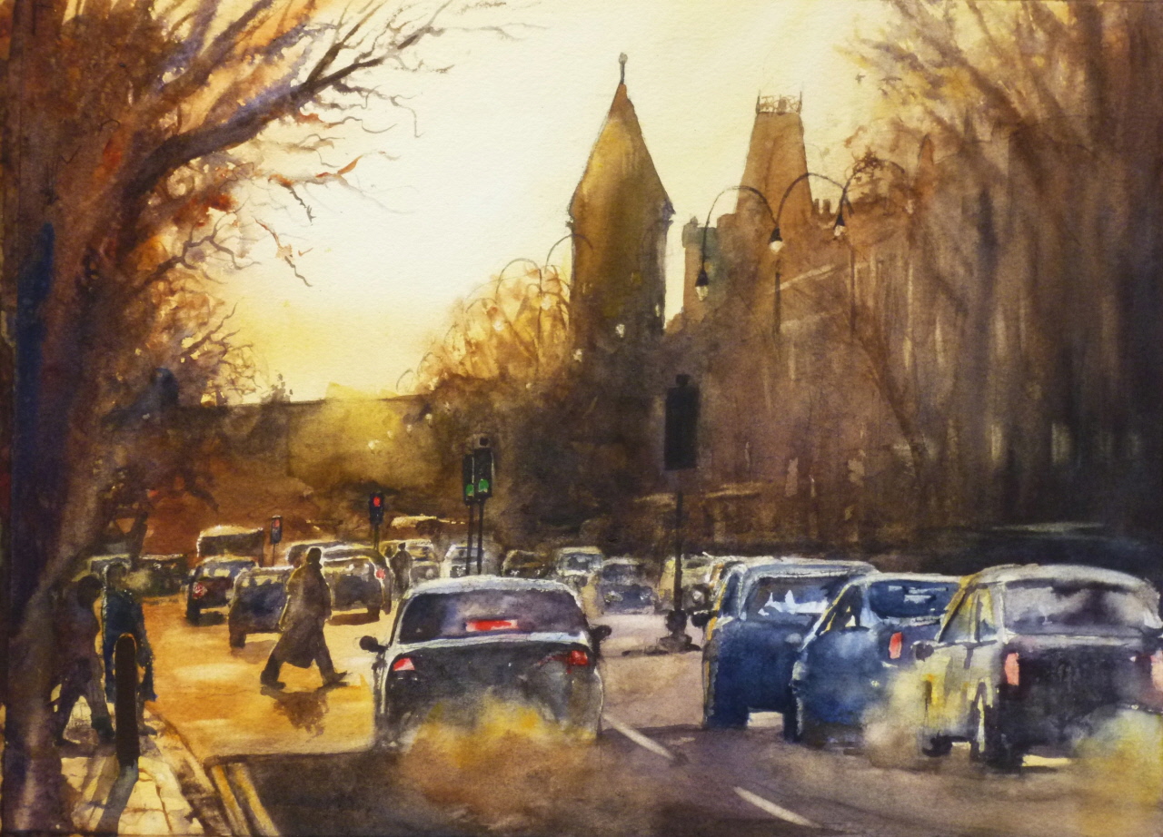 A watercolour painting of the south end of Lord Street, Southport in the glow of afternoon light.
