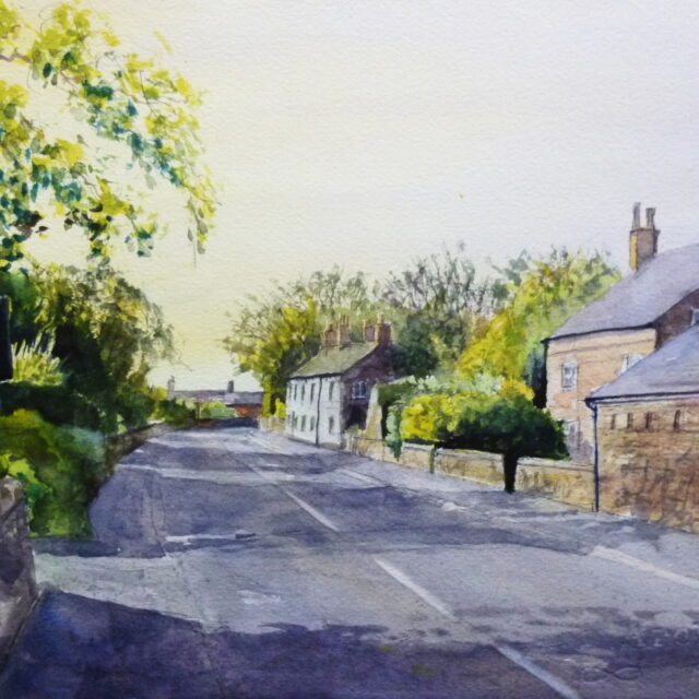 A watercolour painting of the main road in Little Crosby with the sun on buildings and cottages