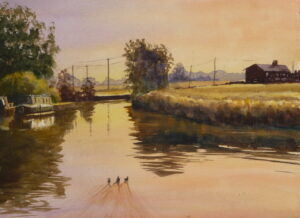 A watercolour painting of the calm waters of the Liverpool to Leeds canal in the glowing morning light at Haskayne. Moorhens patrol the waters and light reflects off the moored narrowboats.