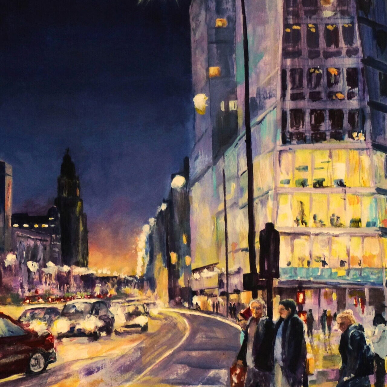 An Acrylic painting of pedestrians waiting to cross the Strand in Liverpool 1 in the early evening with the lights from buildings and passing cars and the Liver Building in the distance.