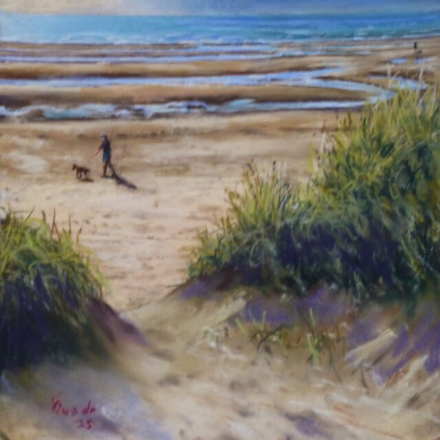 A view of Freshfield beach from the sanddunes topped with marram grass of a single figure and dog walking along the beach with watered lagoons and the sea in the distance