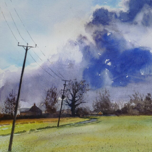 A watercolour painting of the sun breaking through storm clouds over a winter scene at Rosemary Lane, Downholland.