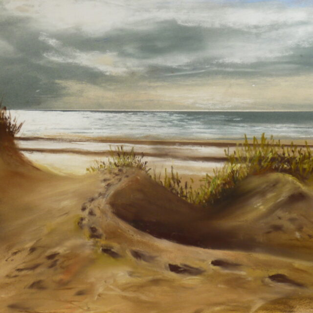 A pastel painting of the dunes at Freshfield as they overlook the beach and sea below in late afternoon and the footsteps left in the sand by someone descending to the beach.