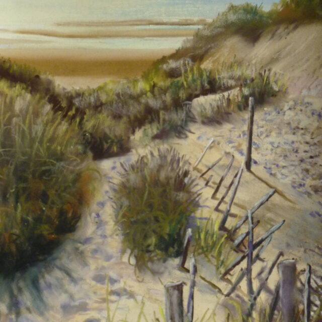 A Pastel painting of the dunes at Formby Point as they overlook the beach and sea below with remnants of old fences among the marram grass.