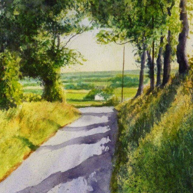 A watercolour painting of a tree-lined lane which overlooks the Lancashire plain below out to the coast