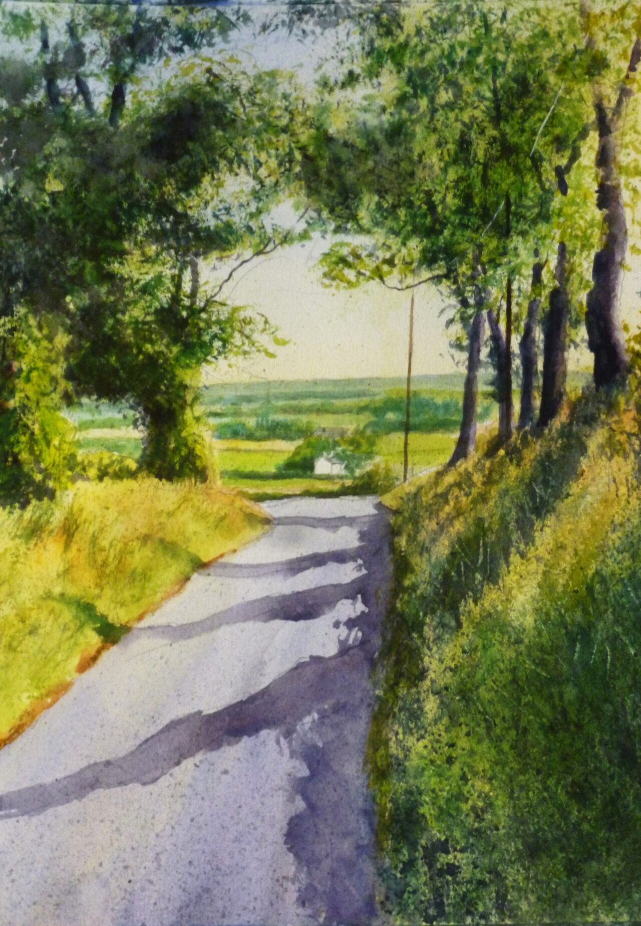 A watercolour painting of a tree-lined lane which overlooks the Lancashire plain below out to the coast