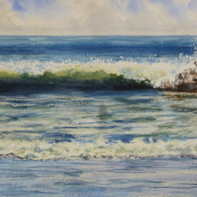 A watercolour and pastel painting of waves breaking on a beach and over rocks .