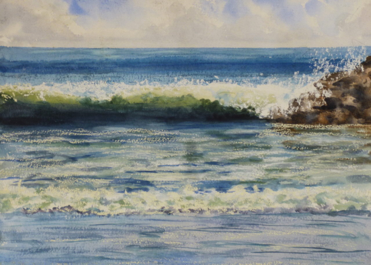 A watercolour and pastel painting of waves breaking on a beach and over rocks .