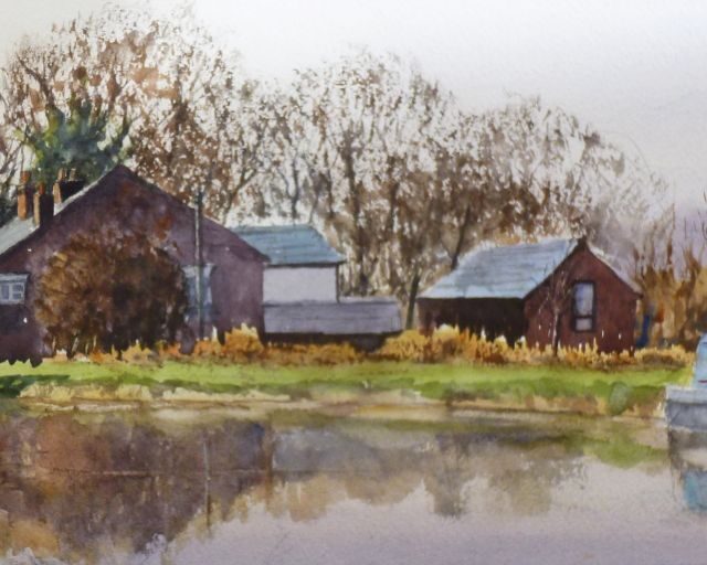 A watercolour painting of the Leeds to Liverpool Canal with swing bridge at Newburgh, with dwellings and narrowboat.